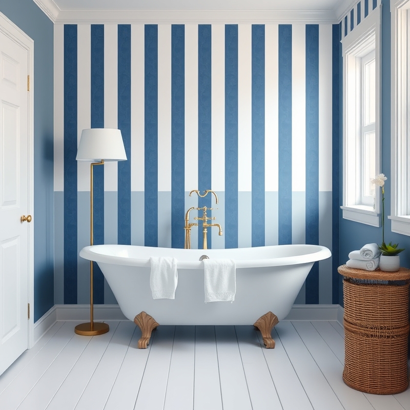Bathroom with blue and white striped wallpaper accent wall