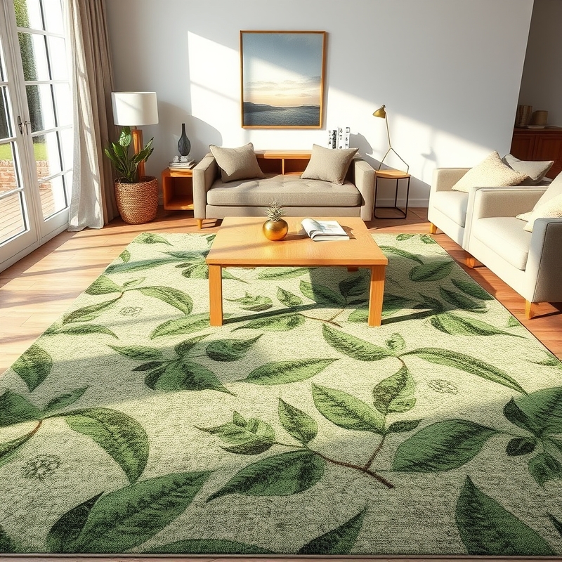 A large area rug with a bold green leaf pattern