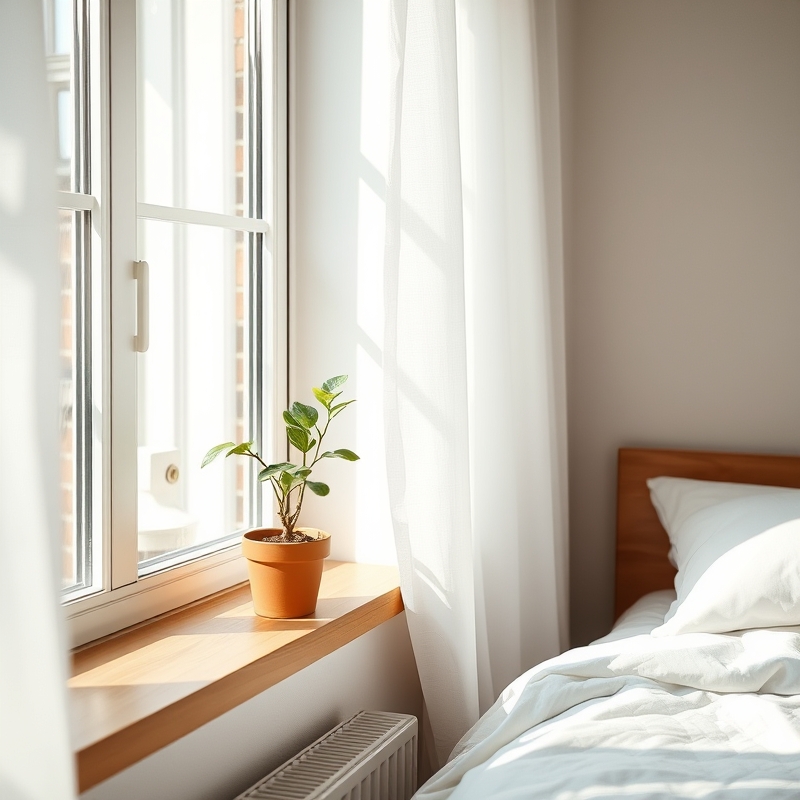 windowsill with a small green potted plant in a terracotta pot
