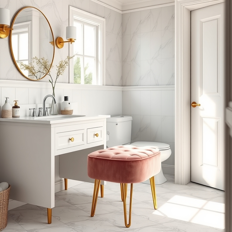 small pink velvet stool next to bathroom vanity