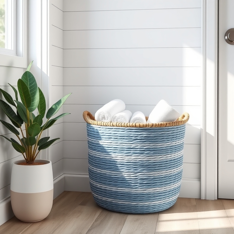 Blue woven basket storing towels in a bathroom corner