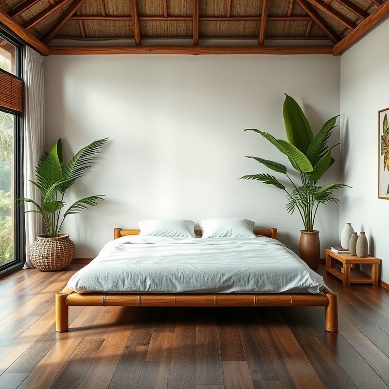 bedroom with low platform bed in bamboo frame