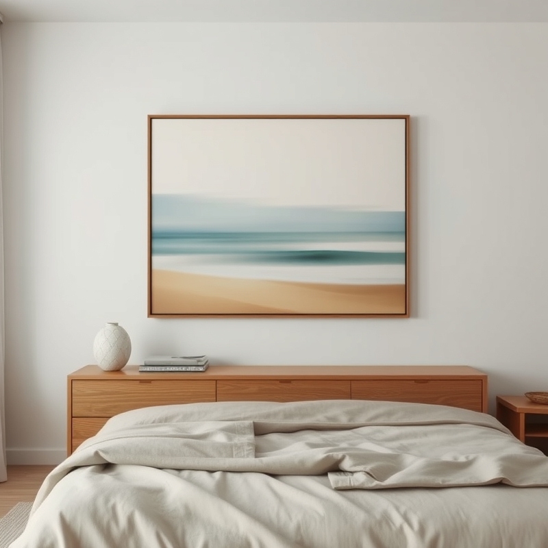 A large abstract painting with coastal colors above a bedroom dresser