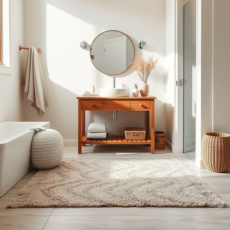 bathroom with vintage style rug in front of vanity