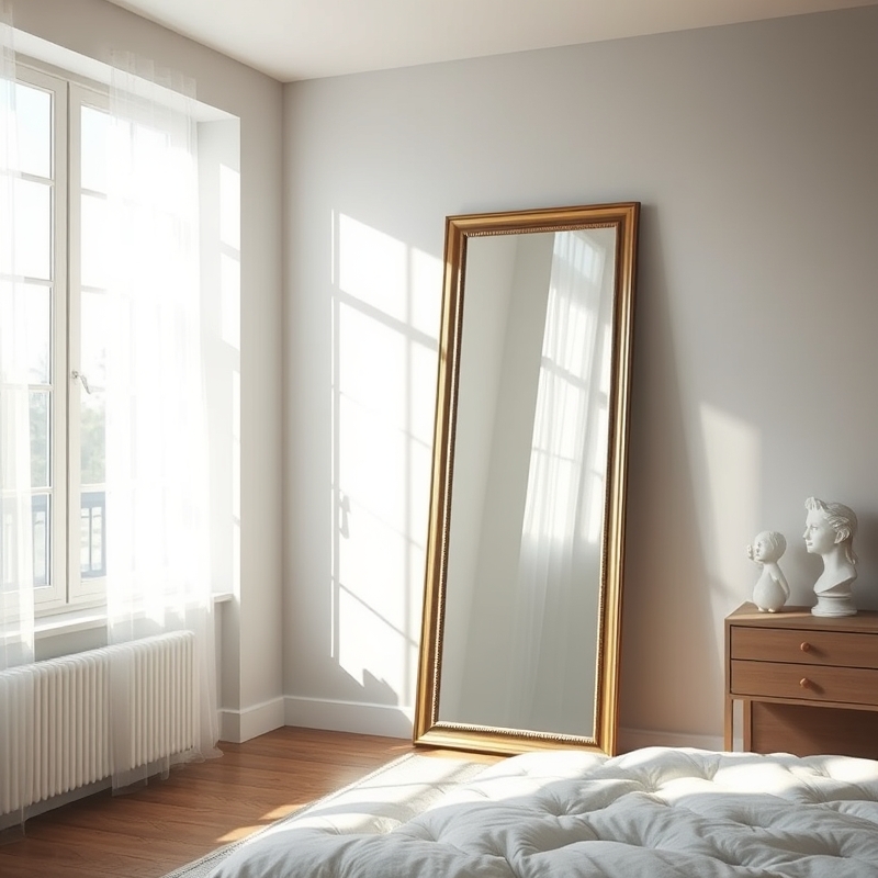 A large leaning mirror reflecting a window in a bedroom