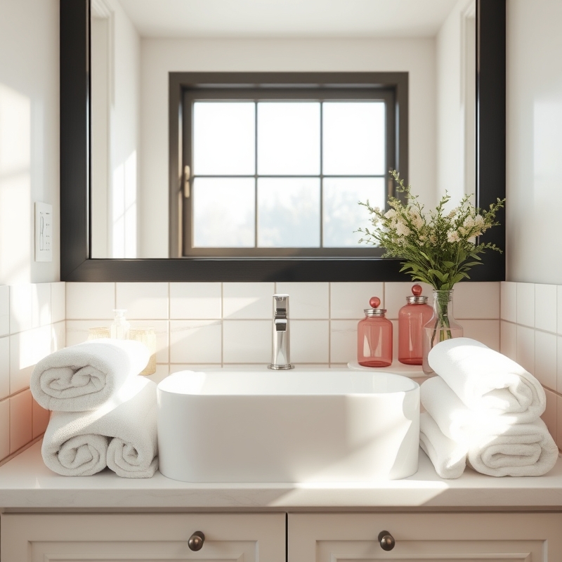 pink glass jars holding cotton balls on bathroom counter