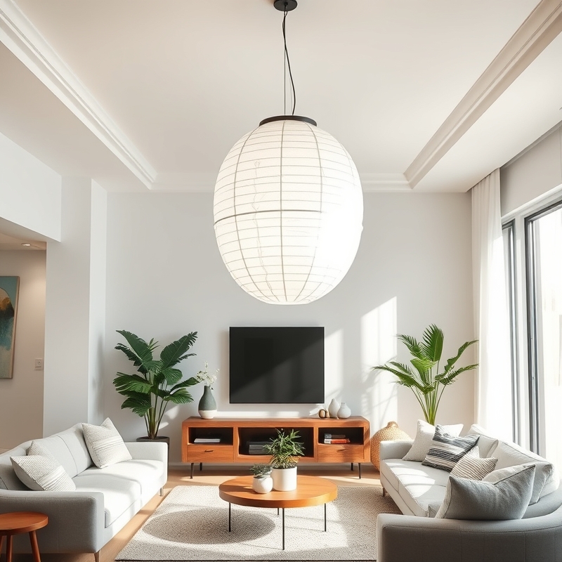 Large white paper lantern pendant in a living room