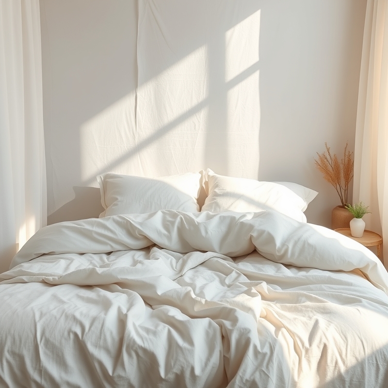 bed with layered linen bedding in white and beige