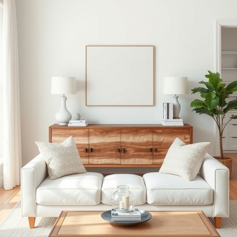 console table with driftwood accents behind sofa in coastal living room