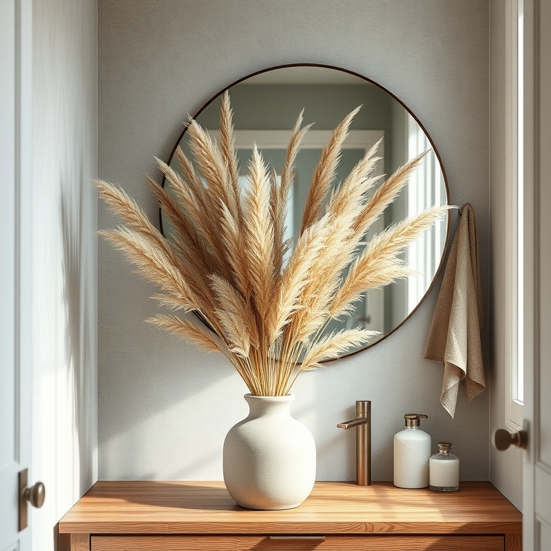 dried eucalyptus and pampas grass in ceramic vase on bathroom counter