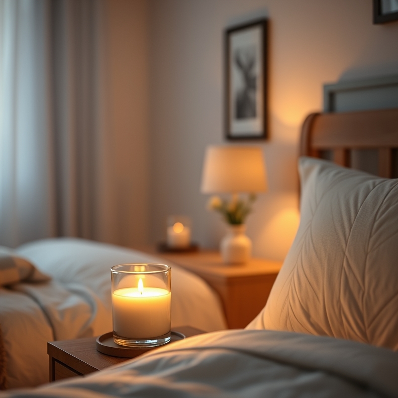 scented candle on a nightstand with soft glow