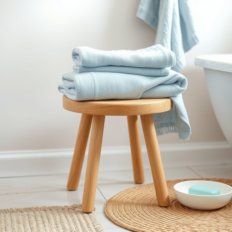 Light blue linen towels neatly stacked on a wooden stool in a bathroom