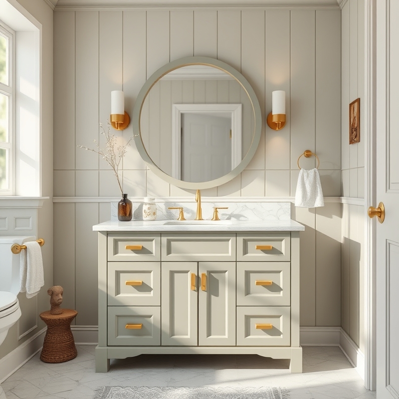 bathroom vanity painted in soft sage green with gold knobs