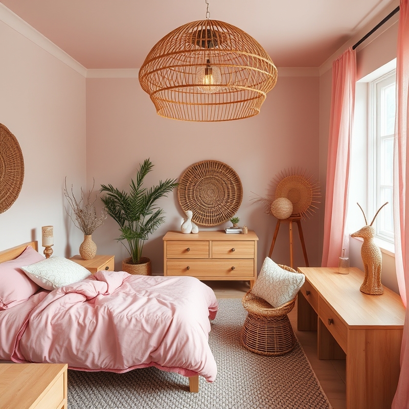 Pink bedroom with warm wood and rattan accents