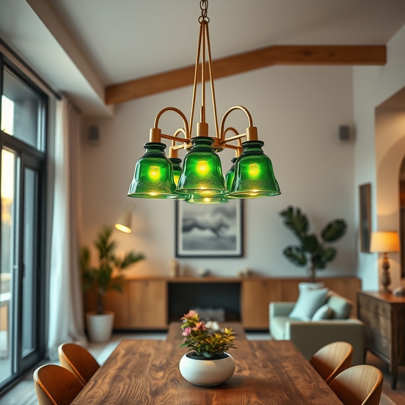An elegant chandelier with green glass shades or details