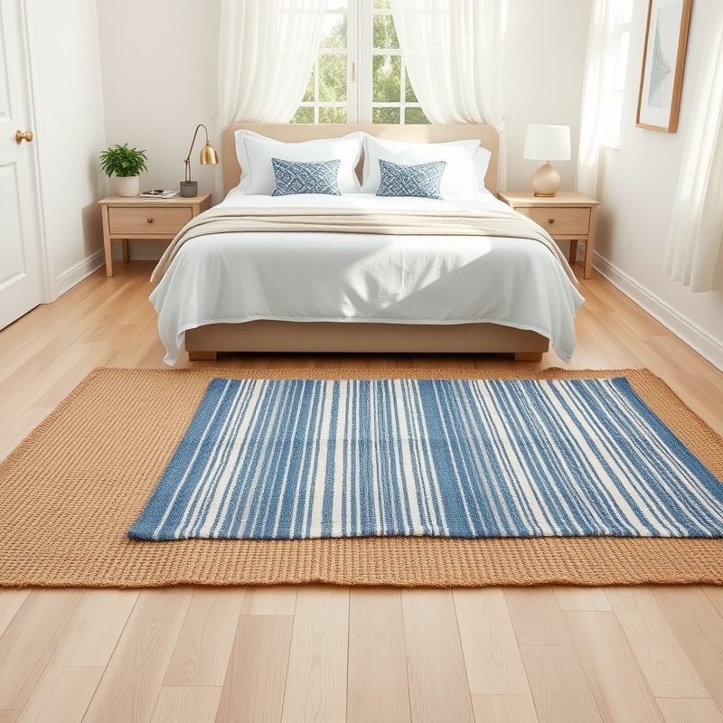 Layered jute and striped cotton rugs on a light wood bedroom floor