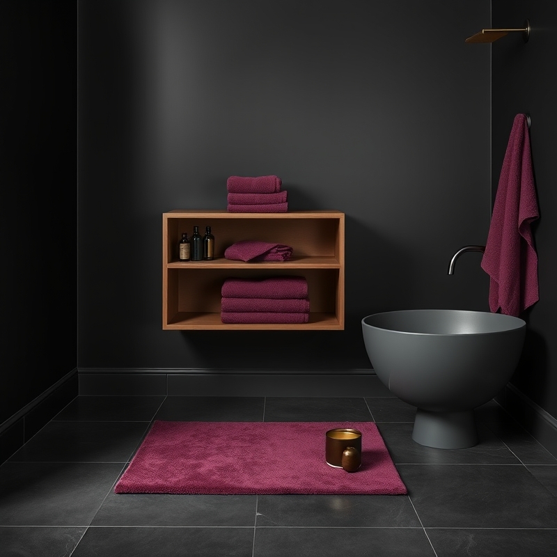 plum towels and rug in dark bathroom