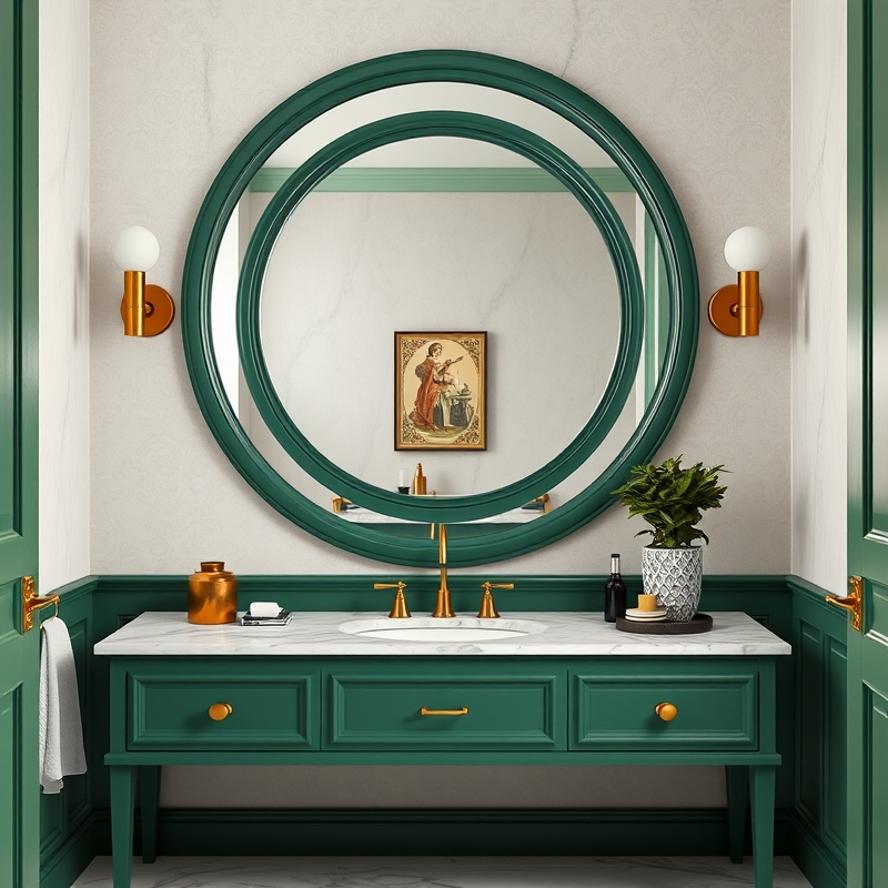 hunter green framed mirror above a vanity