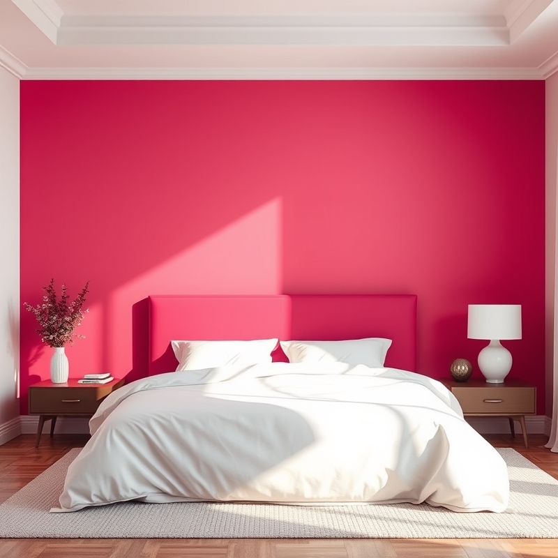 Deep watermelon pink accent wall in a bedroom