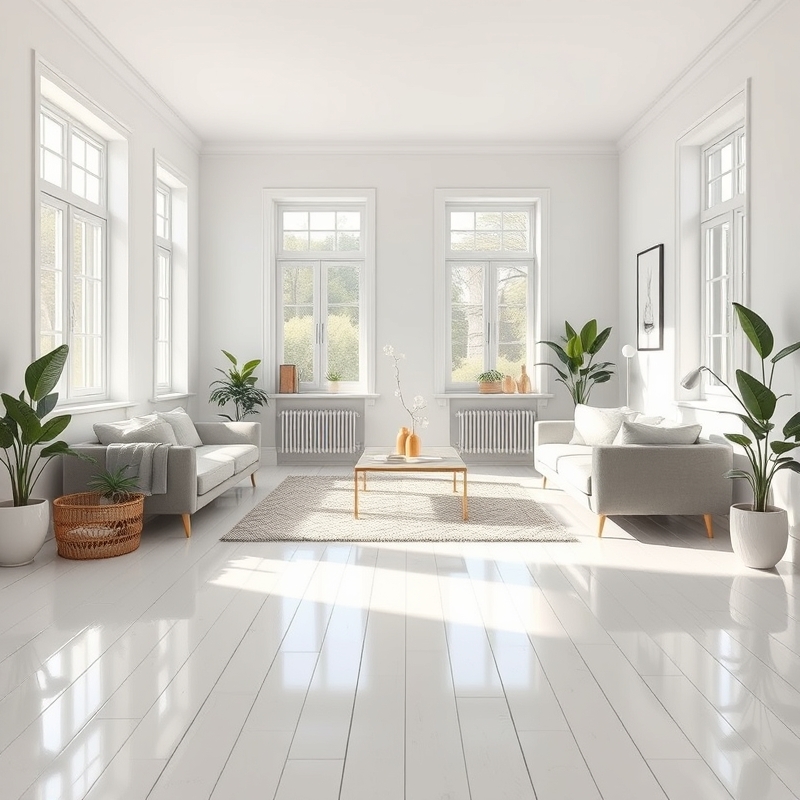White painted wooden floors in a bright living room