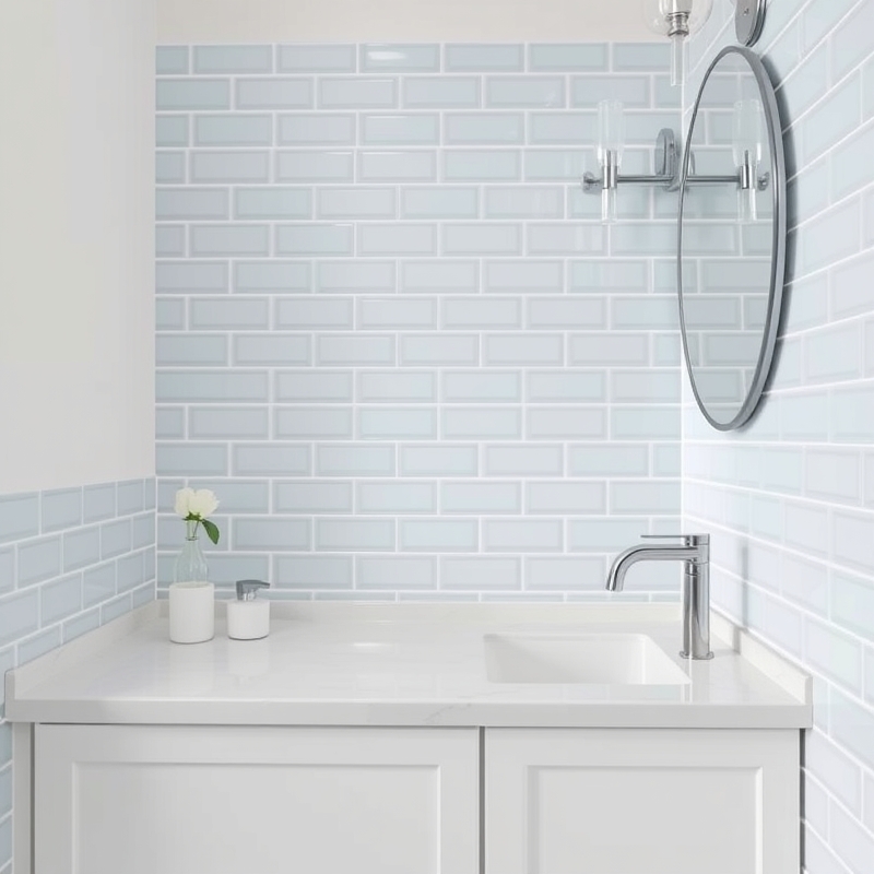 Blue subway tile backsplash behind a bathroom vanity