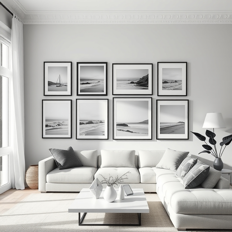 Bloxburg living room with coastal art gallery wall