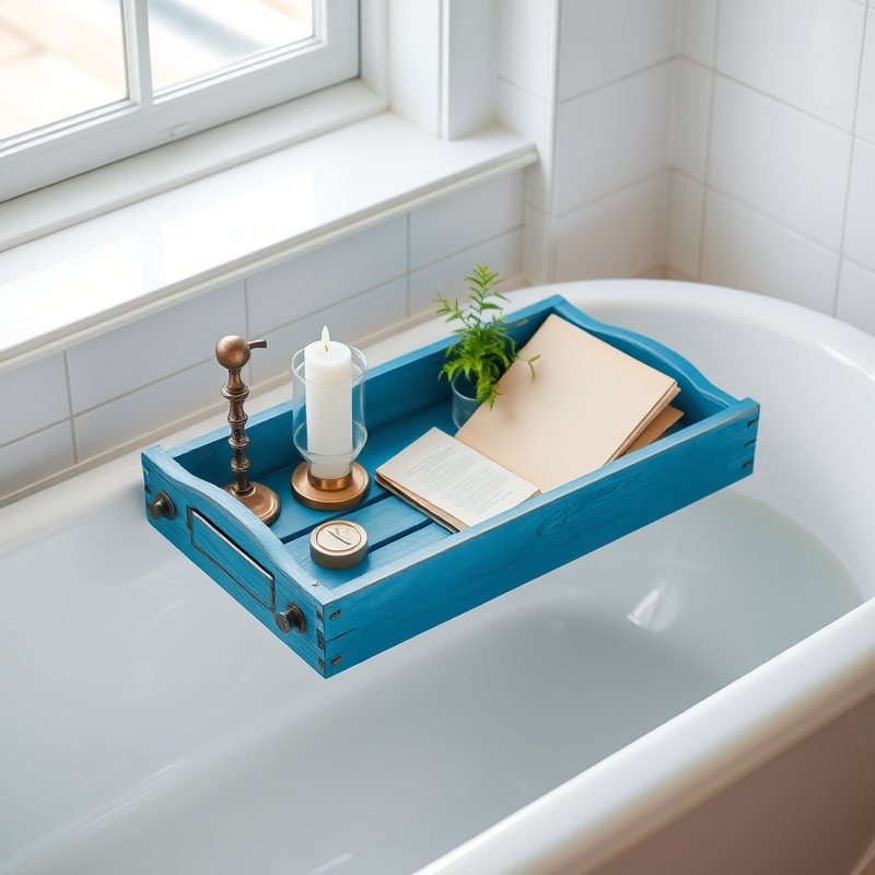 Blue painted bathtub caddy across a white tub with candles