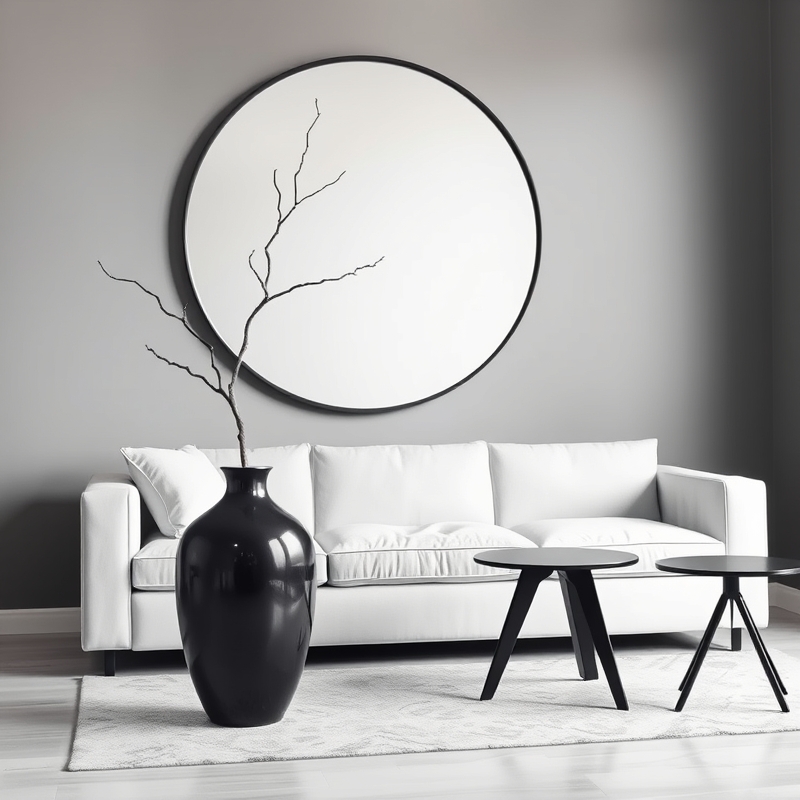 modern room with round mirror, square sofa, and curved vase
