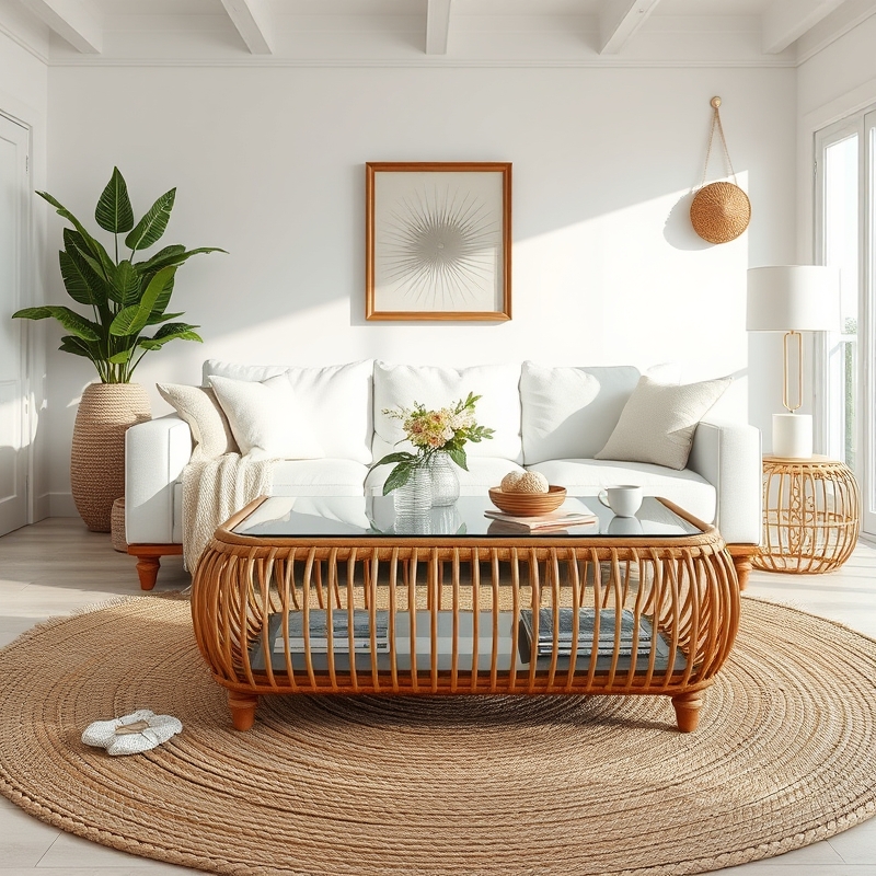 rattan coffee table with glass top in coastal living room