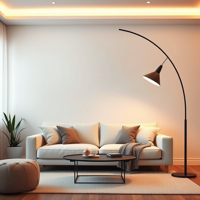 slim black arc floor lamp next to white sofa in living room