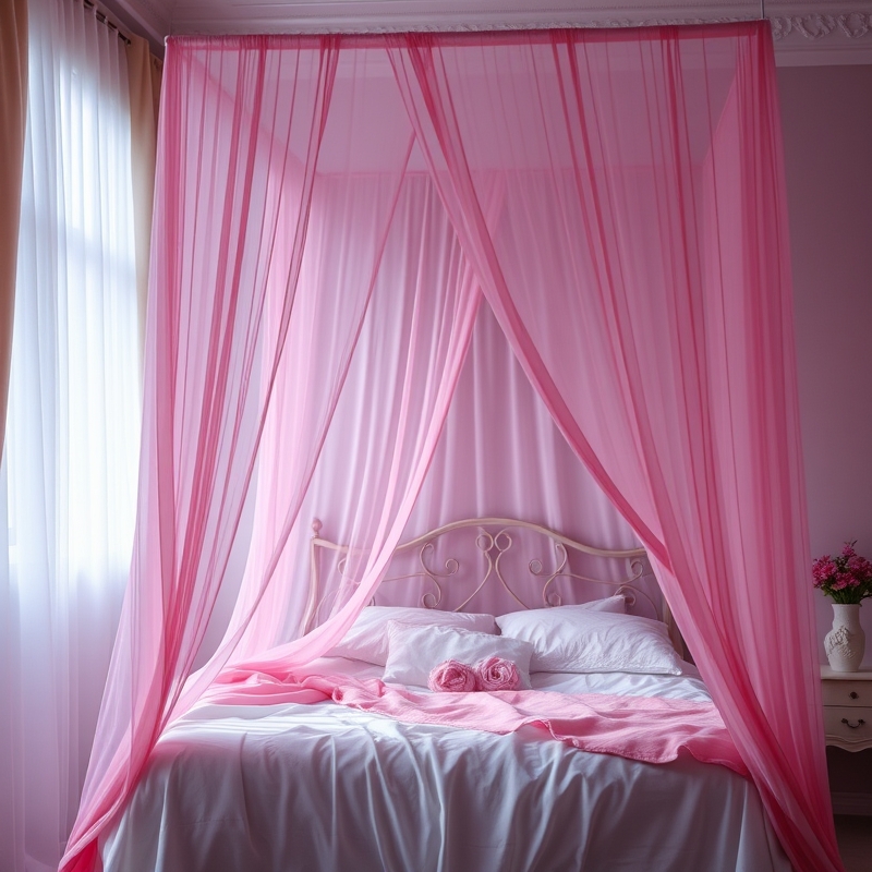 Pink canopy over a bed in a bedroom