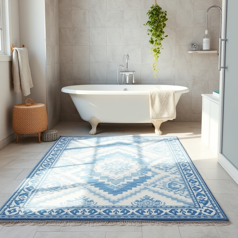 Blue boho patterned rug on a bathroom floor