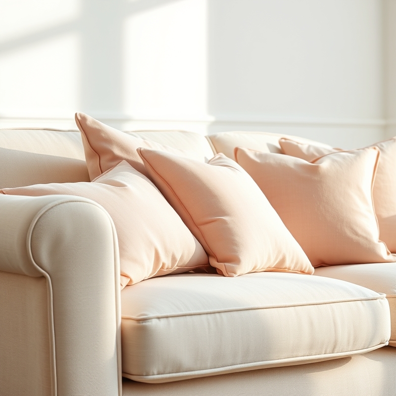 Sofa with pale blush and dusty rose pillows