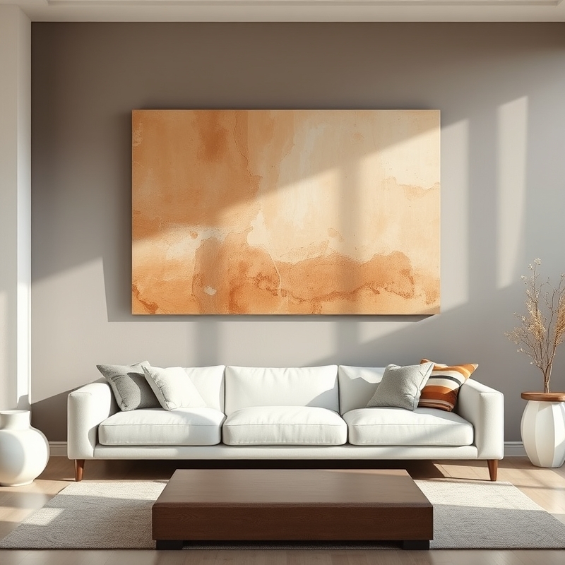 large abstract painting with beige tan and terracotta tones above sofa