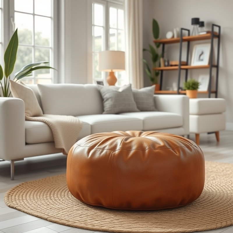 round leather pouf in warm cognac color near sofa