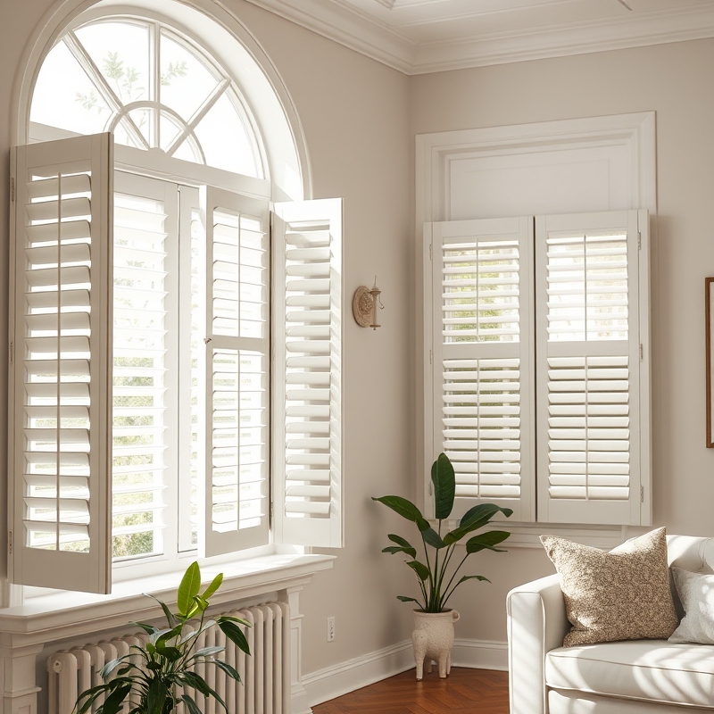 White indoor shutters on windows in a living room