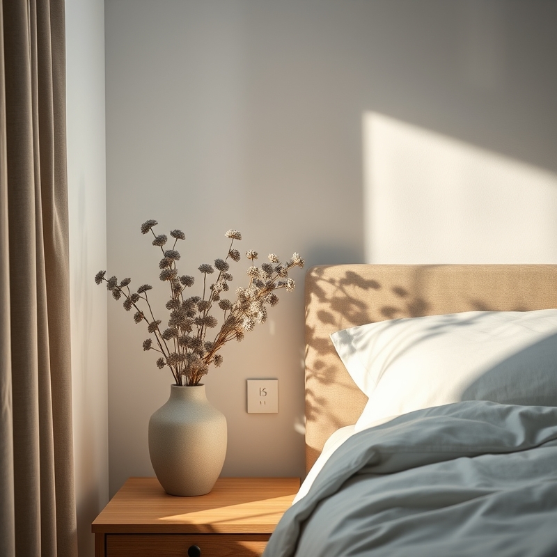 bedroom with dried eucalyptus bouquet in ceramic vase on nightstand