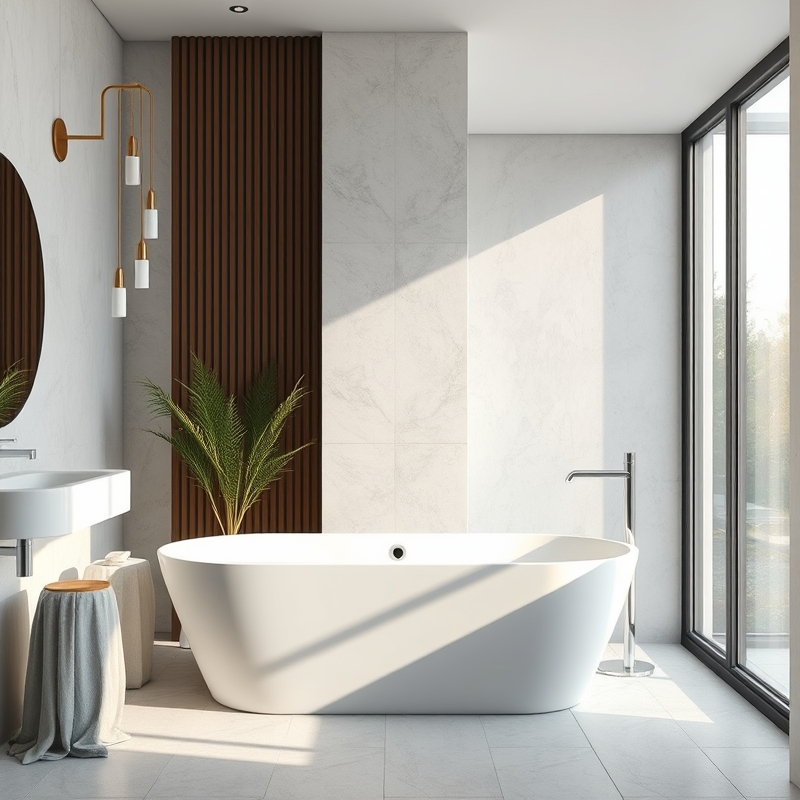 freestanding clawfoot tub in center of a bright bathroom