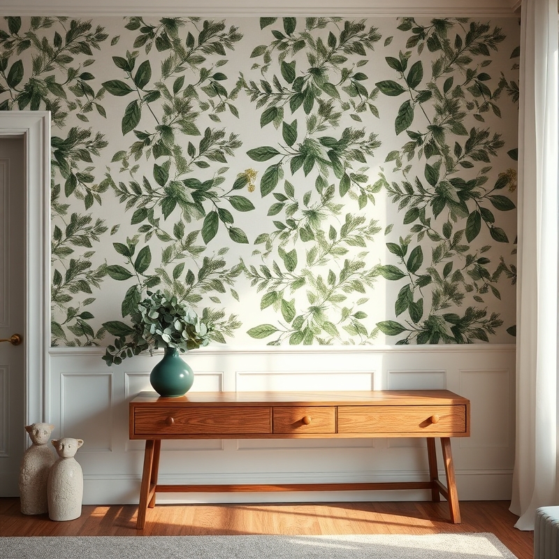 A feature wall with lush botanical wallpaper