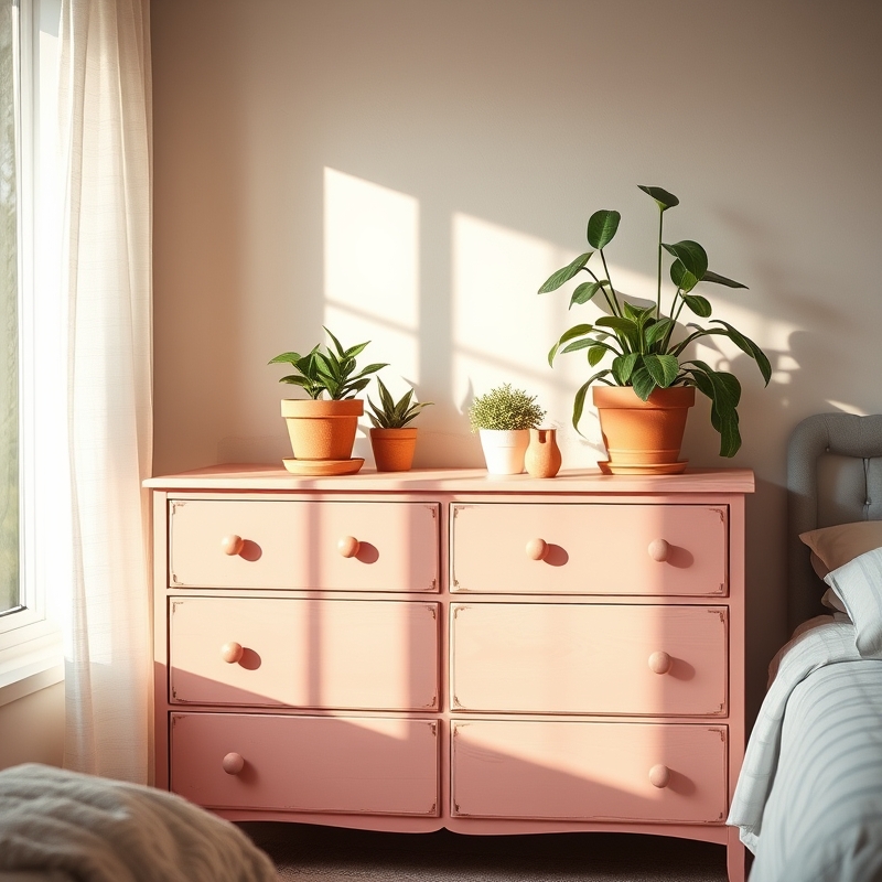 Vintage pink dresser with greenery on top