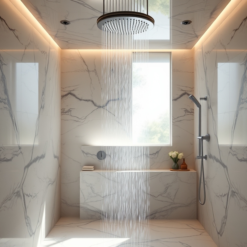 bathroom with large rainfall showerhead in modern shower