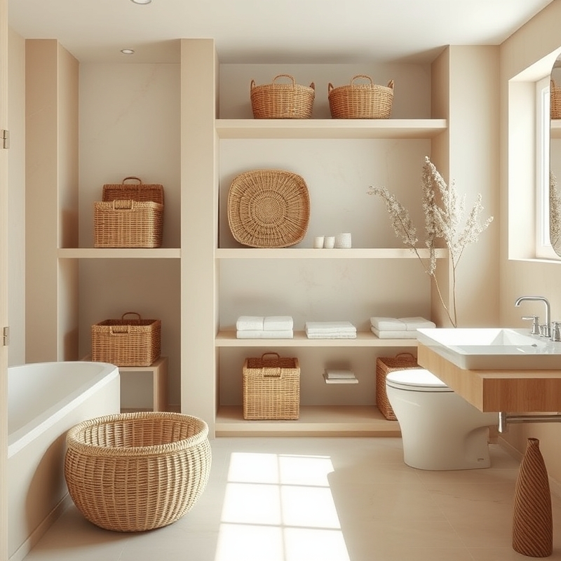 bathroom corner with woven baskets holding extra towels and toiletries
