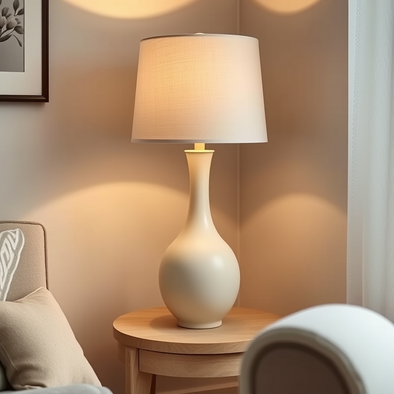 Ceramic table lamp with ivory shade on side table