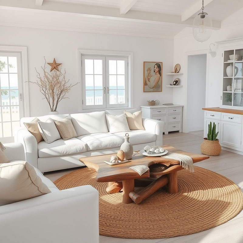 driftwood coffee table in coastal living room