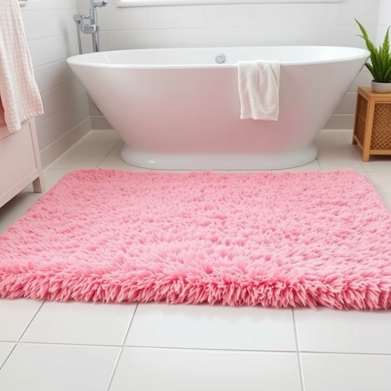 thick pink bath mat in a white bathroom