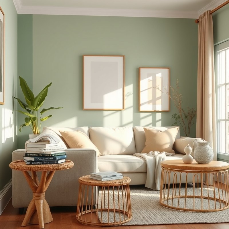 Calm living room with green tones and natural light