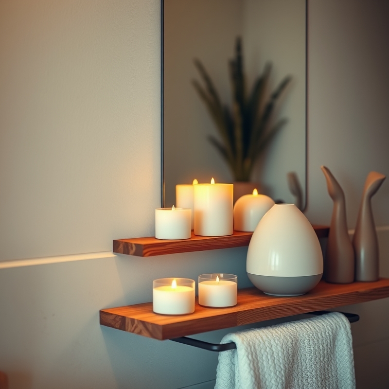 bathroom with lit candles and ultrasonic diffuser on shelf