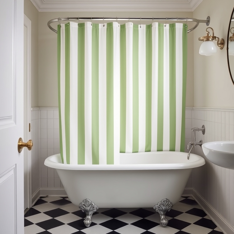 green and white striped shower curtain in a bright bathroom