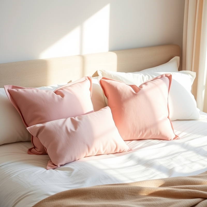 Pastel pink throw pillows on a bed
