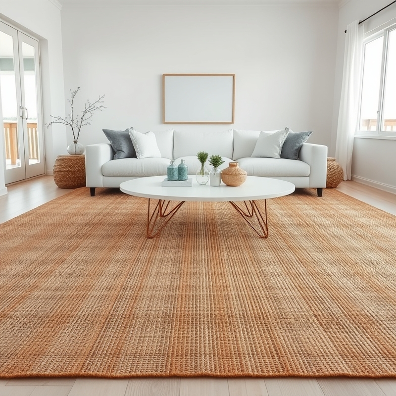 large jute rug under white sofa and coffee table in living room